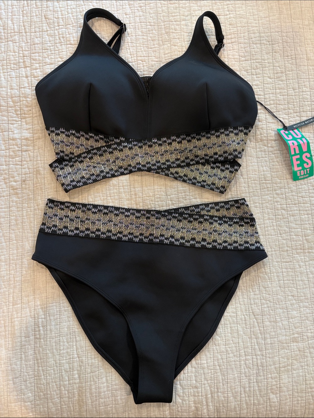 River Island Black Two-Piece Swimsuit with Woven Geometric Band.